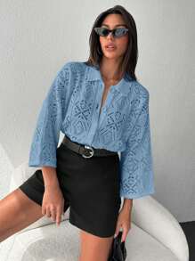 RueChic Women Solid Color Long Sleeve Sweater, Fashionable For Spring/Autumn - Baby Blue - View 2