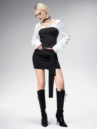 Goth Women's Pleated V-Neck Patchwork Striped Long Sleeve Blouse