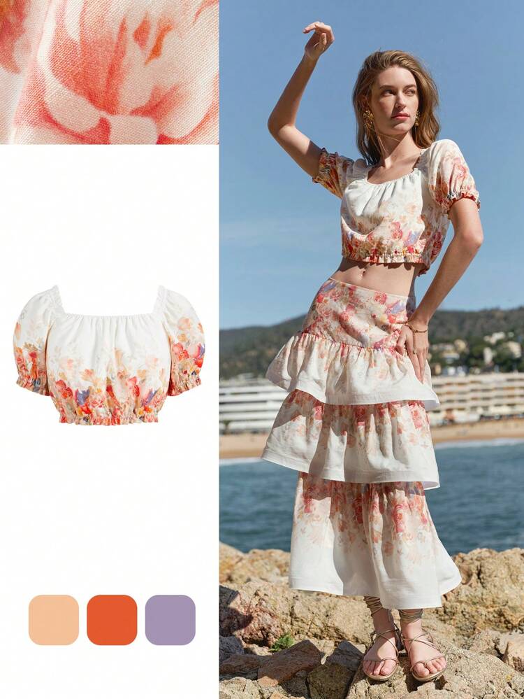 LINEN FLORAL PRINT PUFF SLEEVE BLOUSE