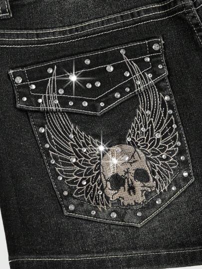 Grunge Punk Short en jean noir à grands bords avec décoration de strass, ailes punk et crâne brodés, grande taille pour femmes