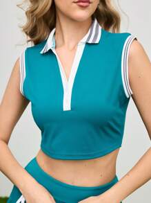 Cheerettes Camiseta tipo polo de mujer sin mangas, de rayas, casual, para fitness y deportes - Verde - Ver 6
