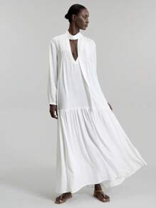 Ontre Vestido largo de mujer con nudo delantero, vestido maxi de manga larga con cuello en V profundo, fruncido, de unicolor minimalista, elegante atuendo de primavera/verano para damas, vestimenta casual de oficina, estilo vintage discreto, moda urbana de alta calidad para viajes en avión - Blanco - Ver 3
