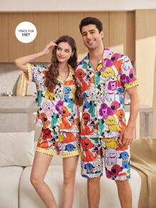 2pcs Men's Cute Puppy Printed Pajama Set - Multicolor - View 1