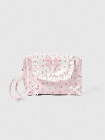 Kawaii Cute Girls Heart-Shaped White Lace & Pink Bow Design Large Capacity Portable Cosmetic Bag, Item No: 401422/412463