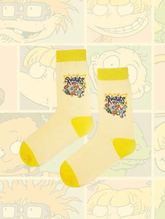 Nick 90's X ROMWE Lovely & Funny Cartoon Pattern Colorblock Design Comfortable Crew Socks For Women
