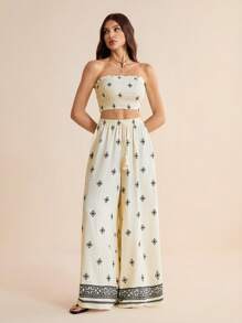 SHEIN Tall Bộ 2 món/Bộ áo ống in hoa và quần lửng cho nữ, trang phục nghỉ dưỡng mùa hè - Màu be - Xem 6