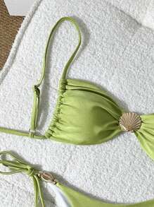 Swim Vcay 纯色细肩带露肩贝壳装饰上衣和系带侧泳裤女式比基尼套装，夏季 - 綠色 - 查看 4