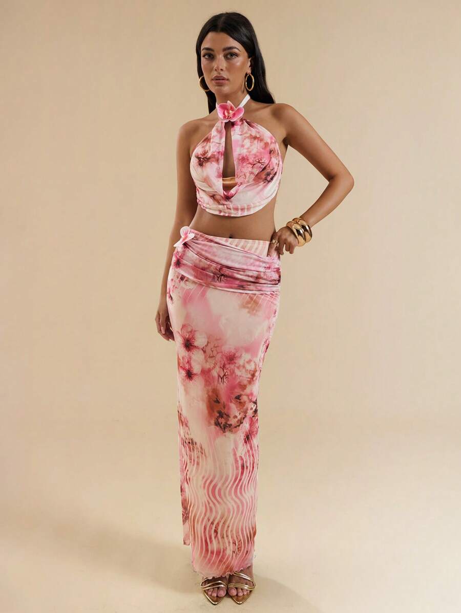 SHEIN BAE 女士长款花卉动物印花半身裙，3D 花朵装饰，夏季时尚，适合浪漫约会、与朋友聚会、度假、优雅日常穿着、海滩、俱乐部、伊比沙岛 - 粉色 - 查看 1