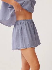 WESTFADE Summer Cotton Gingham Checkered Plaid & Lace Elasticized Waist Relaxed A-Line Ruffle Hem Cute Cowgirl Shorts Spring Beach Vacation - Royal Blue - View 4