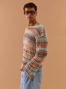 Musero Men Crochet Knit Stripe Flare Sleeve Oversized Top Spring, Summer, Holiday, Vacation - Multicolor - View 3