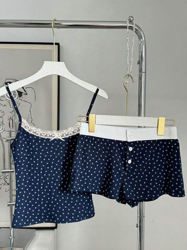 INAWLY Women's Contrast Lace Bow Decor Ditsy Floral Cami Top And Shorts Casual Loungewear Set