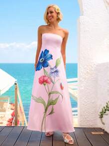 Vivid Eden Women's Summer Pink Floral Tropical Strapless Maxi Dress,Elegant Garden Party Vacation Holiday,Hawaii Beach Outfits,Tea Party Birthday Dress - Multicolor - View 4