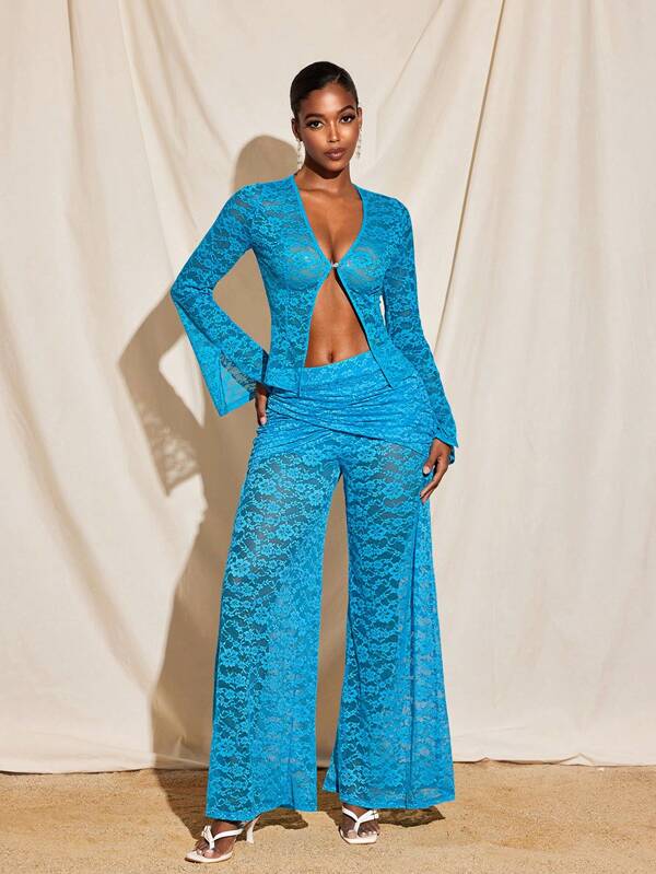 VIOLA AND VESPER Ocean Blue Transparent Blue Lace Overlap Flared Long Pants With Under Panty