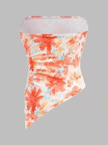 Girlism 青少年女孩 2 件套：花卉印花短款吊带上衣，配有荷叶边下摆和透明肩带，荷叶边上衣 - 珊瑚橙 - 查看 6