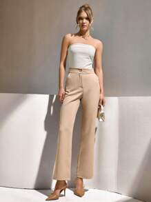 CLARA VERO Women Stripe Pattern High Waist Straight Pants - Beige - View 3