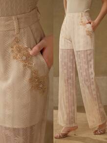 MOTF PREMIUM LACE FLORAL PATCHED SUIT PANTS - Apricot - View 1