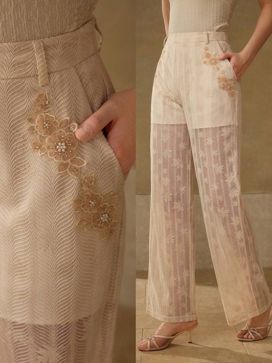 MOTF PREMIUM LACE FLORAL PATCHED SUIT PANTS - Apricot - View 1