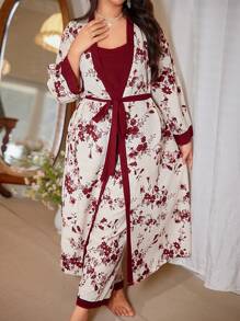 CottageSlumber Floral Print Ruffle Plus Size Robe, Camisole Top And Pants Pajama Set Holiday Season, Outfits  Cozy And Elegant Details, Fall Winter Clothes - Multicolor - View 5
