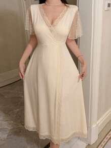 DAZY 针织拼布波尔卡圆点网眼女士家居服睡衣 - 杏色 - 查看 5