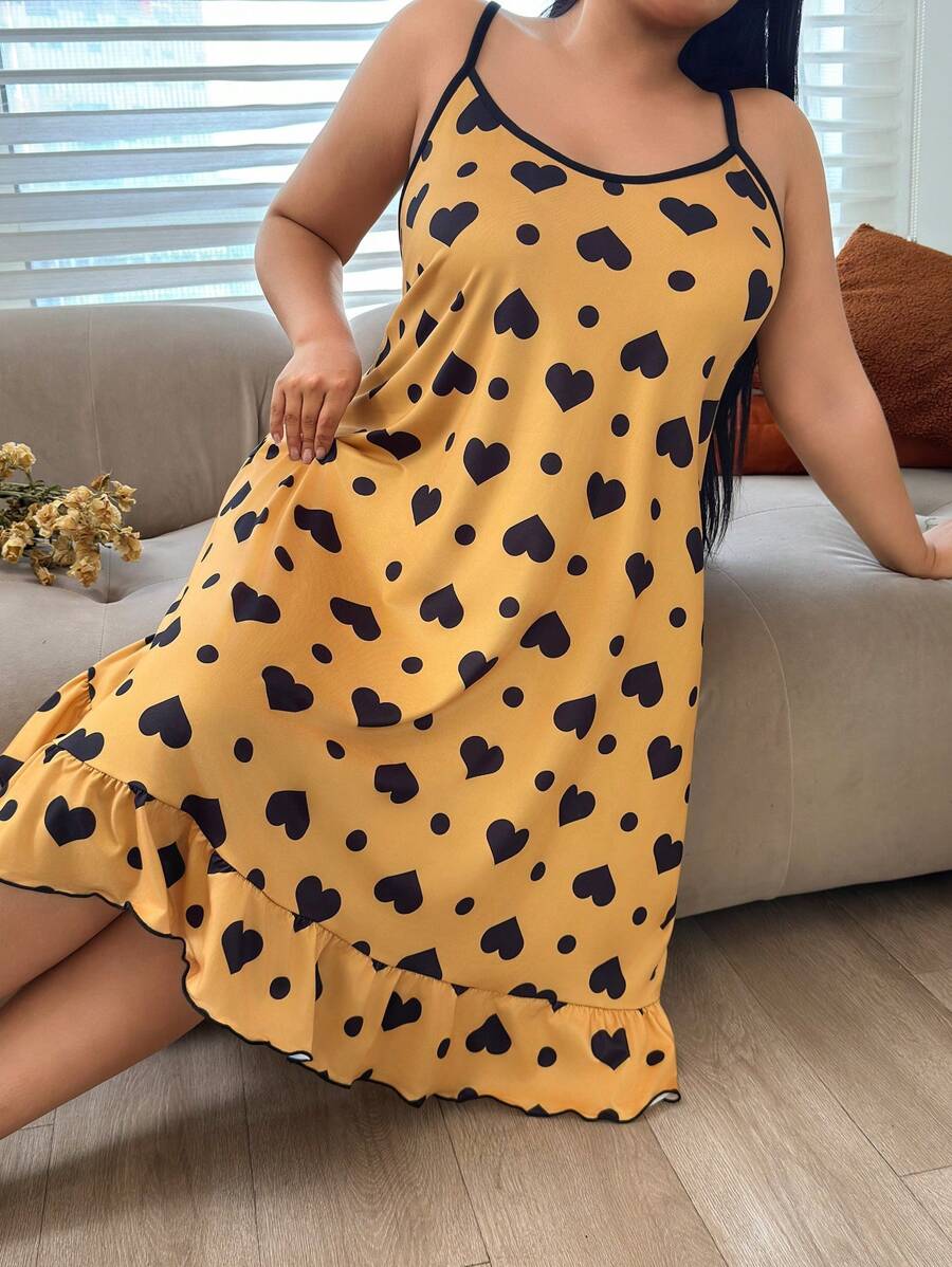 大码女式心形印花荷叶边下摆吊带睡裙节日季 - 彩色 - 查看 1