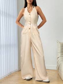Flirla Women Stripe Pattern Halter Jumpsuit - Apricot - View 4