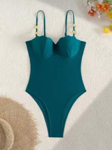 Swim SXY Women's New Solid Color Shell Shaped Swimsuit With Adjustable Strap, Sexy Elegant Resort Minimalist One-Piece For Summer Beach Vacation - Green - View 5