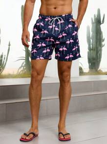 Manfinity KASUA Men's Flamingo Print Drawstring Waist Beach Shorts, Hawaiian - Blue - View 3