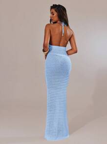 Váy dệt kim không tay hở vai đơn sắc trang trí đính vải cho nữ - Màu xanh nhạt - Xem 2