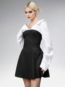 Goth 女式性感深V领拼布衬衫裙 - 黑色 - 查看 3