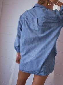 Aralina Camisa oversize con botones, mangas con cordón y textura de rayas - Azul - Ver 3