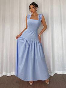 Elenzga Strappy A-Line Dress With Frill Trim, Blue & White Striped, Cinched Waist, Elegant French Country Style For Spring/Summer Holiday/Beach