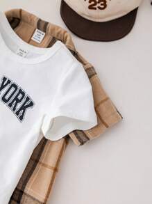 SHEIN 3pcs/Set Baby Boy Cute Summer Casual Plaid Short Sleeve Shirt, Elastic Waist Shorts, Letter Printed White T-Shirt Outfit - Multicolor - View 8