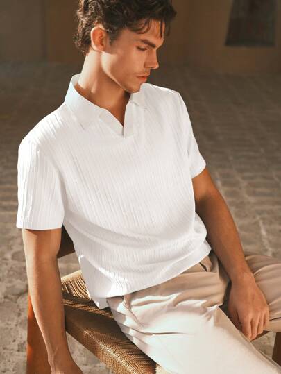 HIMLAND Men's Woven Fashion Casual Young Loose Short Sleeve Polo Shirt Men Knit Polo Shirt Textured Knit Shirt Men Summer Shirt White Knit Polo Resort Wear For Men, Old Money