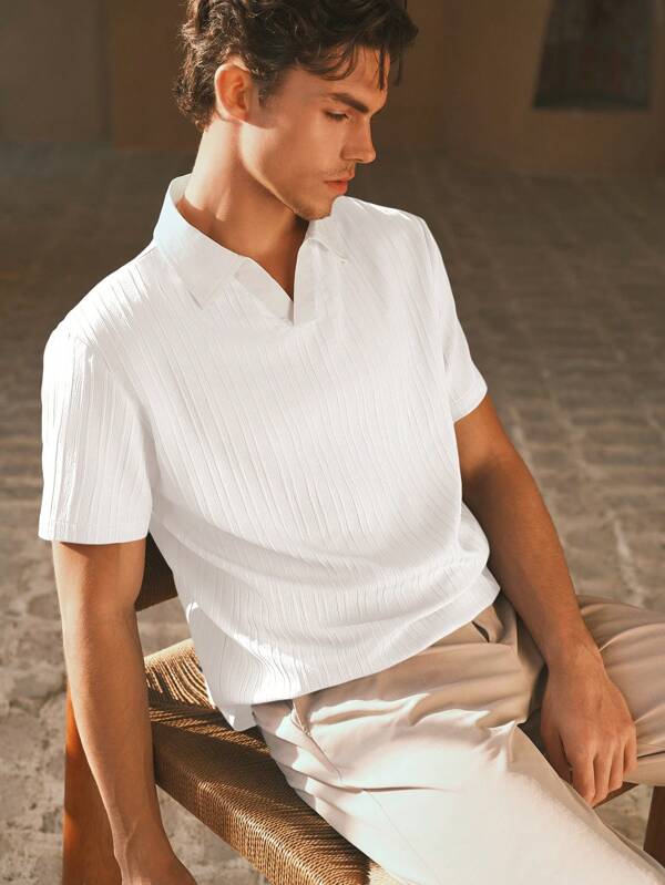 HIMLAND Men's Woven Fashion Casual Young Loose Short Sleeve Polo Shirt Men Knit Polo Shirt Textured Knit Shirt Men Summer Shirt White Knit Polo Resort Wear For Men, Old Money