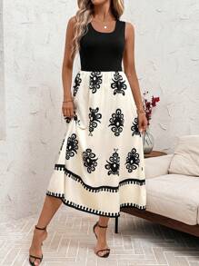 SHEIN Clasi 女士优雅宽松撞色拼接长裙，度假装，茶会装，夏季装，复古外出上衣，乡村波西米亚风女装 - 杏色 - 查看 4