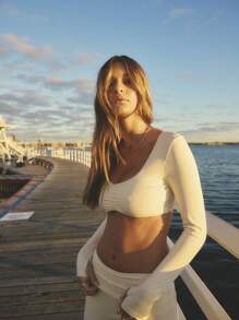 Aralina Fritidskläder Långärmad Rynkad Framsida Crop Activewear Träningstopp - Aprikos - Visa 8