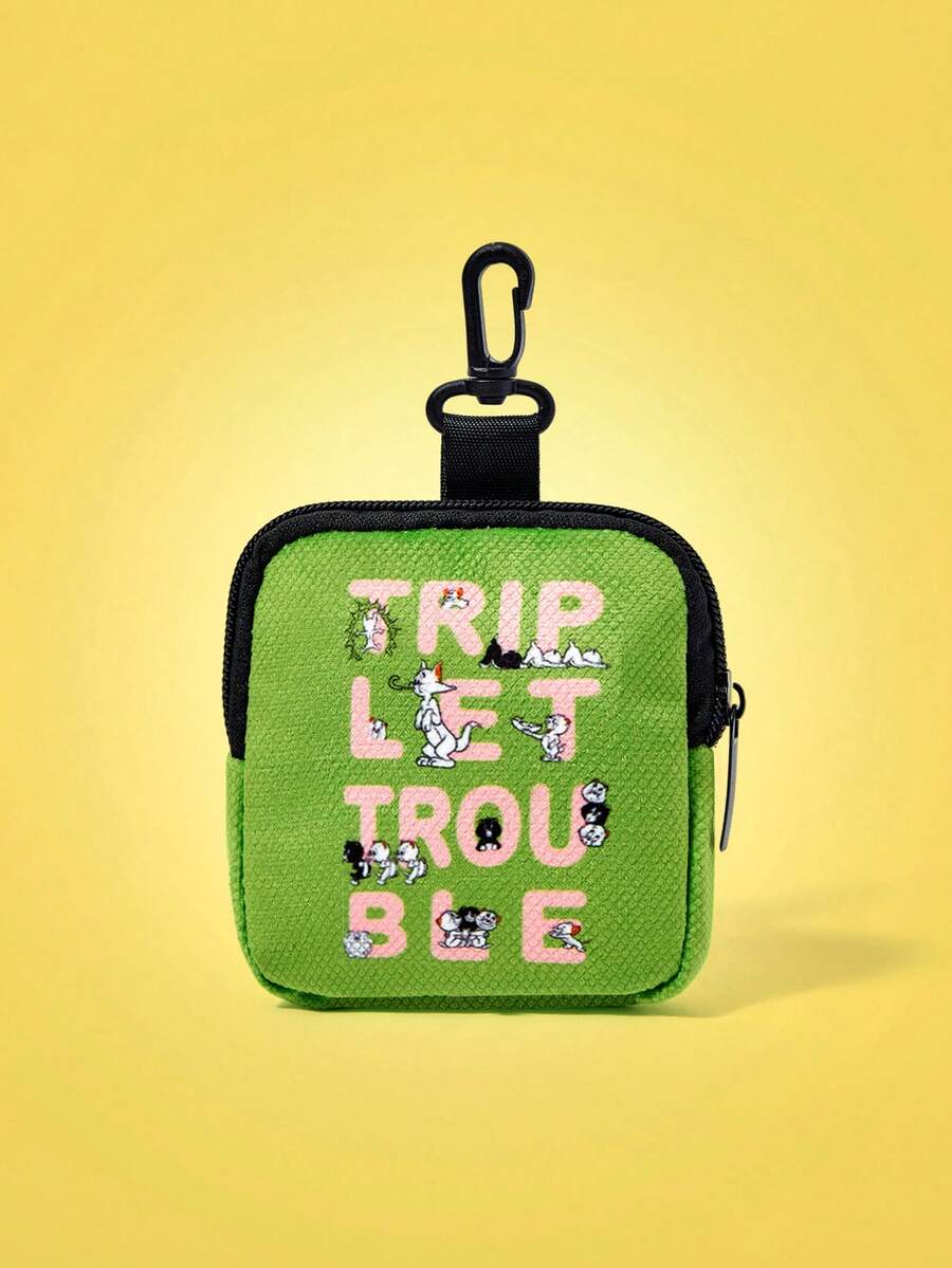 TOM & JERRY X SHEIN Portofel verde multifuncțional cu grafică de desene animate, cu cataramă de și buzunar cu fermoar, geantă de colectare și depozitare a monedelor, potrivit atât pentru bărbați, cât și pentru femei
