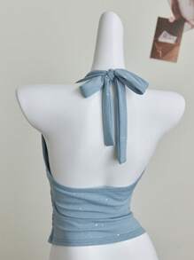 Elamini 时尚亮片系带性感露背吊带上衣 - 淺灰色 - 查看 2