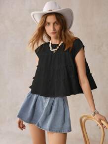 Wildy Women Loose White Office Shirt Casual American Western Country Style Short Sleeve Top - Black - View 3