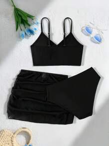 SHEIN 3pcs Fashion Teen Girl's Solid Color Bikini Swimwear Set, Suitable For Beach Holiday, Girls Black Bathing Suits - Multicolor - View 2