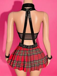 Slaydiva 2025年夏季新款音乐节、生日派对、毕业季、学生装、日常休闲、度假、邮轮旅行、海滩、日光浴、网络爆款、Polo领、领带、镂空、短款上衣、格纹百褶迷你吊带裙、女士两件套