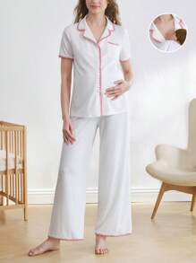Moonlight&Mama 2 Packs Maternity Short Sleeve Nursing Pajama Set With Button,Lounge Set Fashion Sleepwear - Beige - View 3