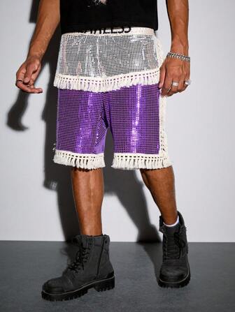 Street Life Short de boxe et arts martiaux mixtes pour hommes, en tissu métallique carré avec décoration de franges, convenant pour un port quotidien au printemps et en été