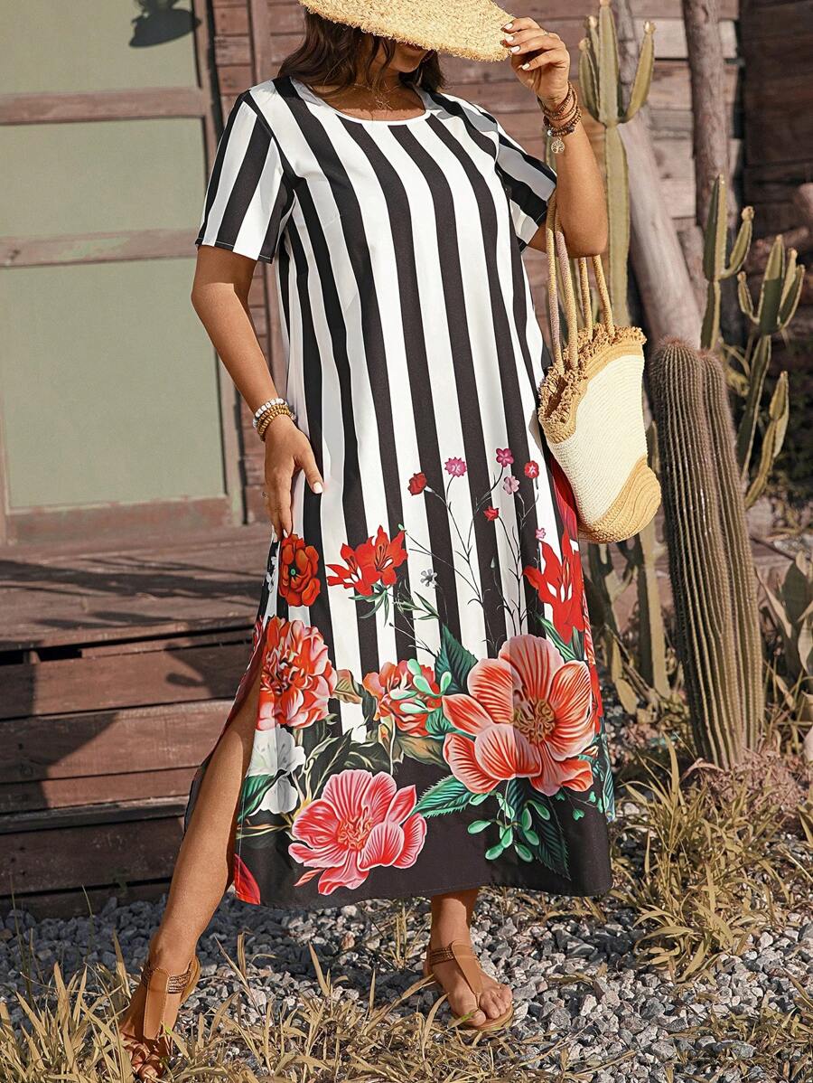 Breezaya Plus Size Round Neck Striped Floral Print Short Sleeve Dress