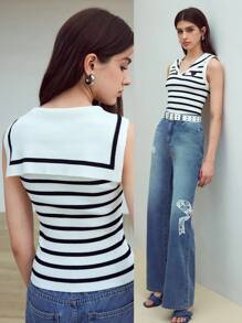 MOTF STUDIO STRIPED SAILOR COLLAR KNIT TOP - Black and White - View 1