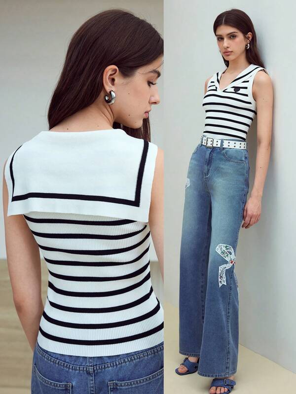 MOTF STUDIO STRIPED SAILOR COLLAR KNIT TOP