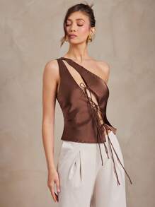 L'Amorae 女士单肩镂空缎面系带春夏上衣 - 綠色 - 查看 4