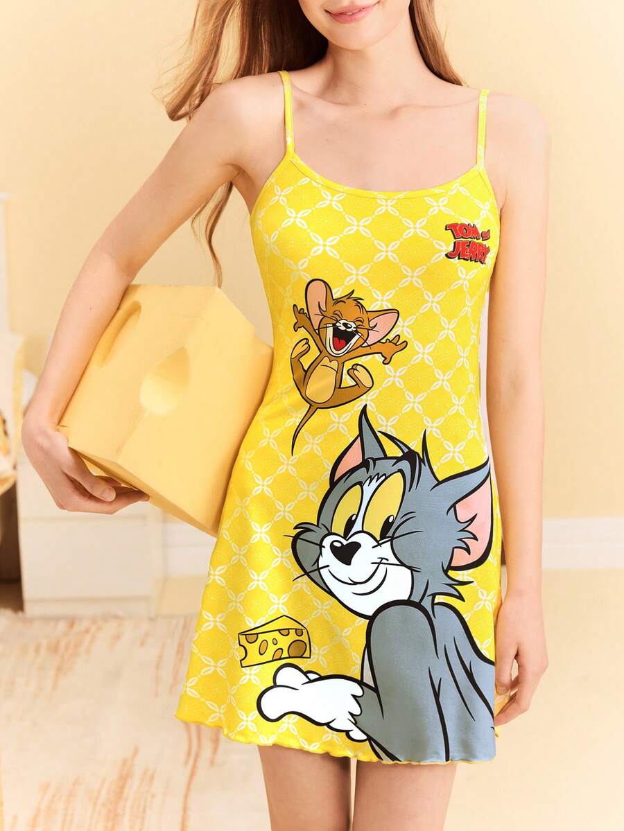 TOM & JERRY X SHEIN 女式卡通图案夏季吊带连衣裙 - 黃色 - 查看 1