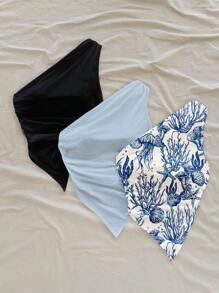 Soleia WYWH Women 3pcs Casual One-Shoulder Crinkle Ruched Asymmetrical Hem Fitted Top, Ocean Animal Print, Blue Print Suitable For Going Out - Multicolor - View 4
