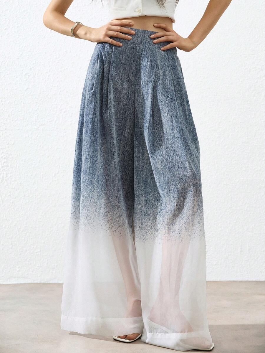 Aveloria Affinna Blue Ombre Flocked Texture Special Fabric High-End Design Loose Casual Versatile Wide Leg Semi-Sheer Women Long Pants Fall Cloth For Women